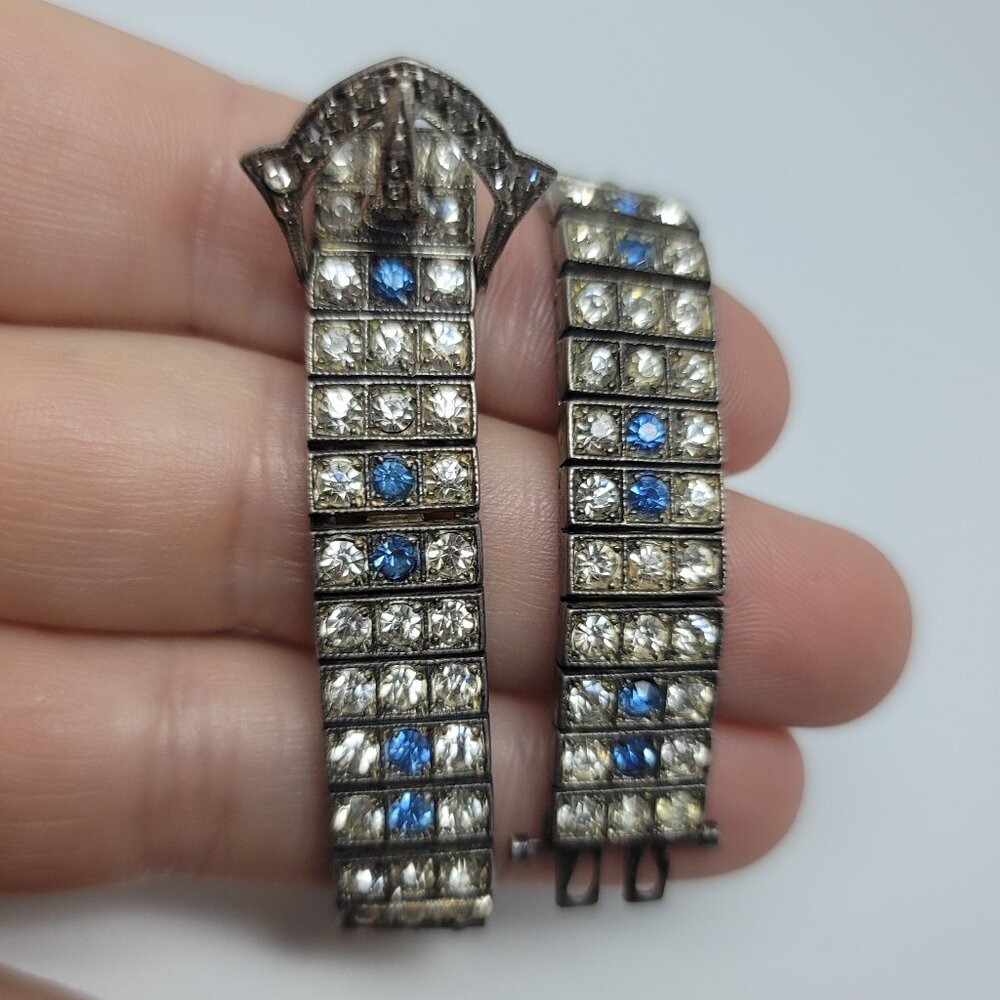 Antique Art Deco Diamonbar Sterling & French Paste Buckle Bracelet